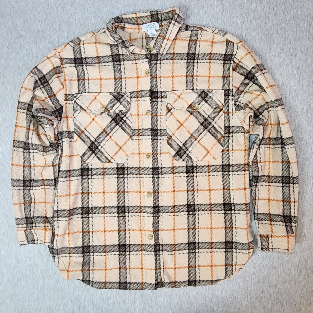Just Polly Shacket Plaid Button Up Tan Brown Size XL Cabin Core Fall